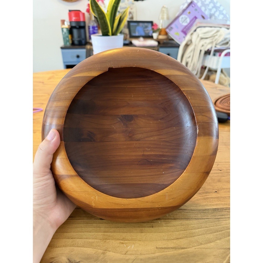 VINTAGE TEAK WOOD BOWL 9" SALAD FRUIT MCM DECOR HANDMADE IN USA
